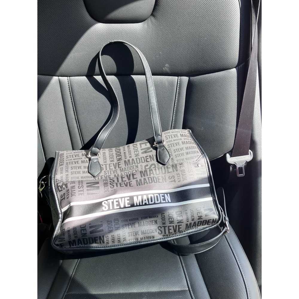 Steve Madden Grey Black All Over Logo Print Tote Bag Double Handle Carryall